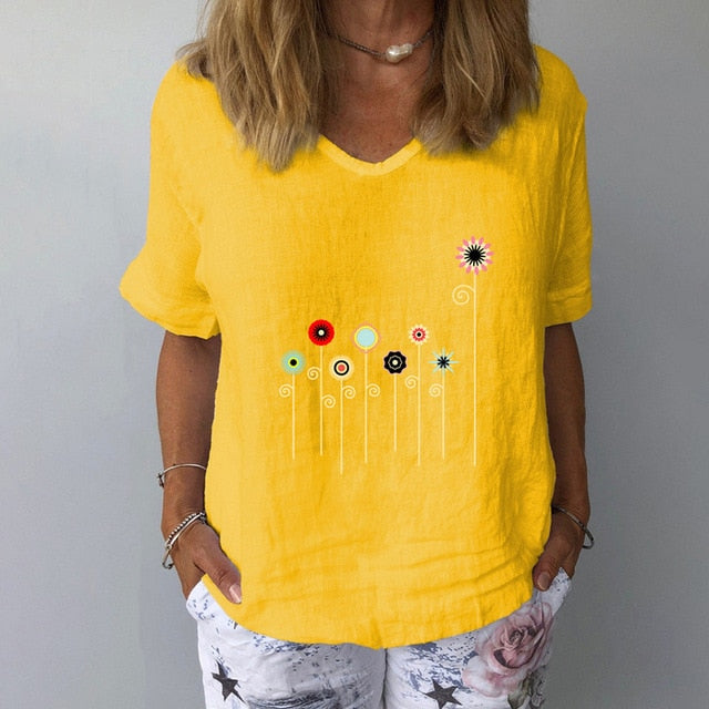 Summer Casual Floral Print Linen Cotton Blouse Women Elegant V Neck Short Sleeve Shirt Plus Size Tops and Blouses Streetwear 3XL