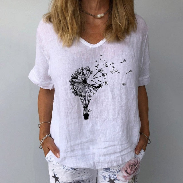 Summer Casual Floral Print Linen Cotton Blouse Women Elegant V Neck Short Sleeve Shirt Plus Size Tops and Blouses Streetwear 3XL