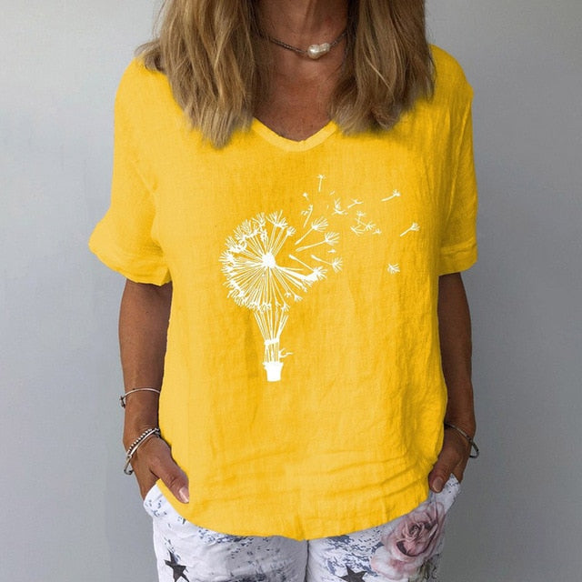 Summer Casual Floral Print Linen Cotton Blouse Women Elegant V Neck Short Sleeve Shirt Plus Size Tops and Blouses Streetwear 3XL