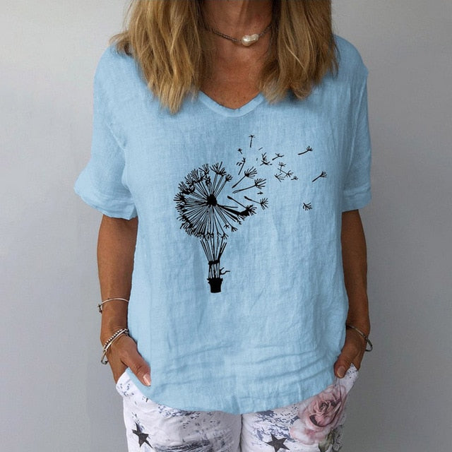 Summer Casual Floral Print Linen Cotton Blouse Women Elegant V Neck Short Sleeve Shirt Plus Size Tops and Blouses Streetwear 3XL
