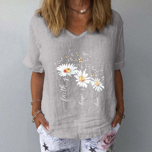 Summer Casual Floral Print Linen Cotton Blouse Women Elegant V Neck Short Sleeve Shirt Plus Size Tops and Blouses Streetwear 3XL