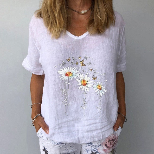 Summer Casual Floral Print Linen Cotton Blouse Women Elegant V Neck Short Sleeve Shirt Plus Size Tops and Blouses Streetwear 3XL