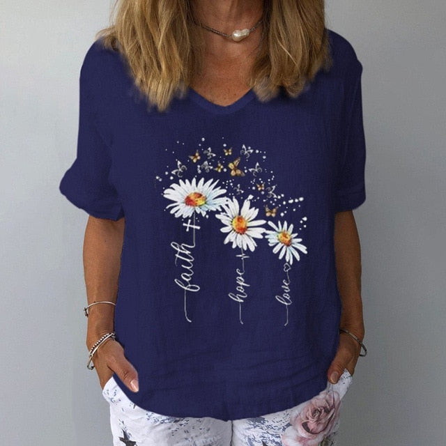 Summer Casual Floral Print Linen Cotton Blouse Women Elegant V Neck Short Sleeve Shirt Plus Size Tops and Blouses Streetwear 3XL