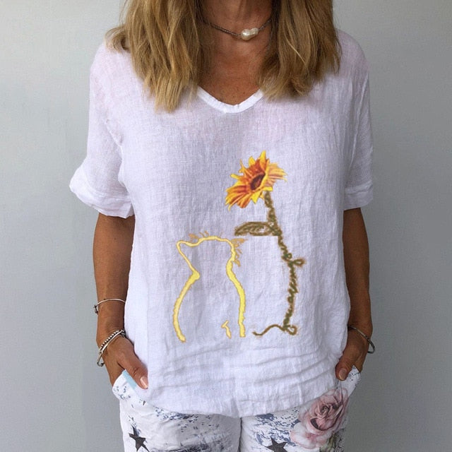 Summer Casual Floral Print Linen Cotton Blouse Women Elegant V Neck Short Sleeve Shirt Plus Size Tops and Blouses Streetwear 3XL