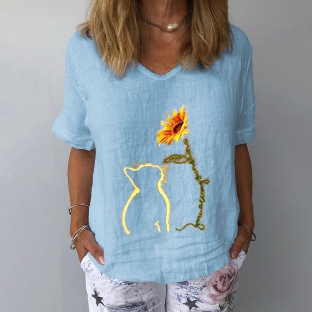 Summer Casual Floral Print Linen Cotton Blouse Women Elegant V Neck Short Sleeve Shirt Plus Size Tops and Blouses Streetwear 3XL
