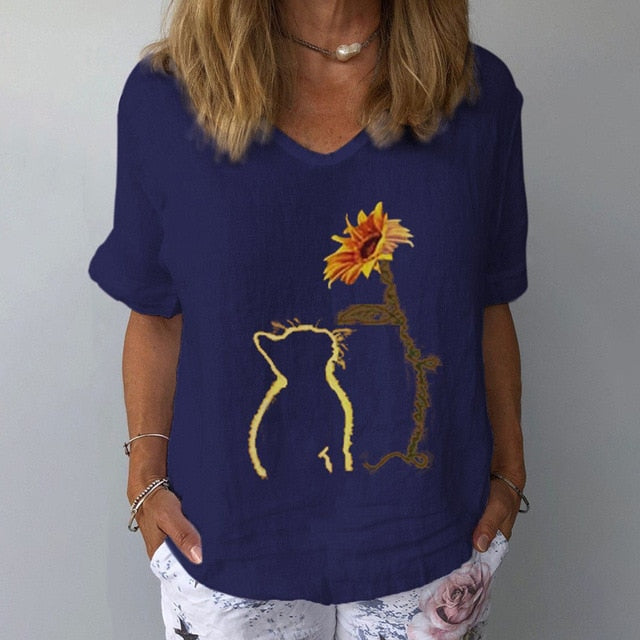 Summer Casual Floral Print Linen Cotton Blouse Women Elegant V Neck Short Sleeve Shirt Plus Size Tops and Blouses Streetwear 3XL