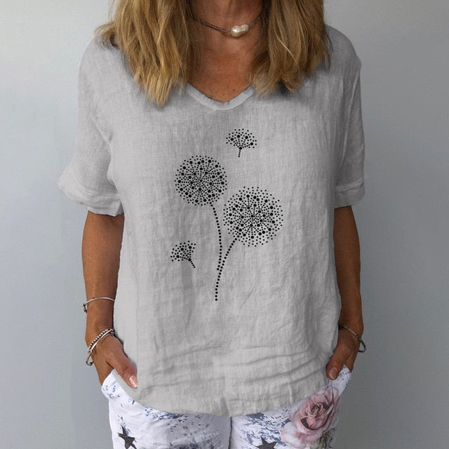Summer Casual Floral Print Linen Cotton Blouse Women Elegant V Neck Short Sleeve Shirt Plus Size Tops and Blouses Streetwear 3XL