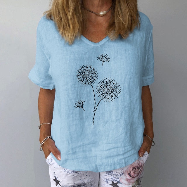 Summer Casual Floral Print Linen Cotton Blouse Women Elegant V Neck Short Sleeve Shirt Plus Size Tops and Blouses Streetwear 3XL