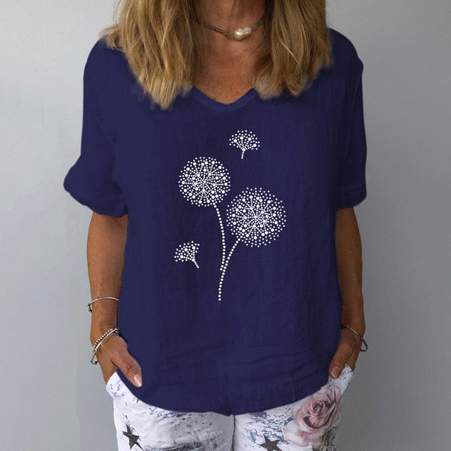 Summer Casual Floral Print Linen Cotton Blouse Women Elegant V Neck Short Sleeve Shirt Plus Size Tops and Blouses Streetwear 3XL