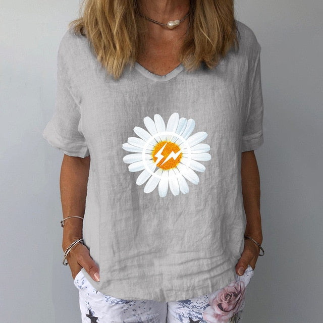 Summer Casual Floral Print Linen Cotton Blouse Women Elegant V Neck Short Sleeve Shirt Plus Size Tops and Blouses Streetwear 3XL