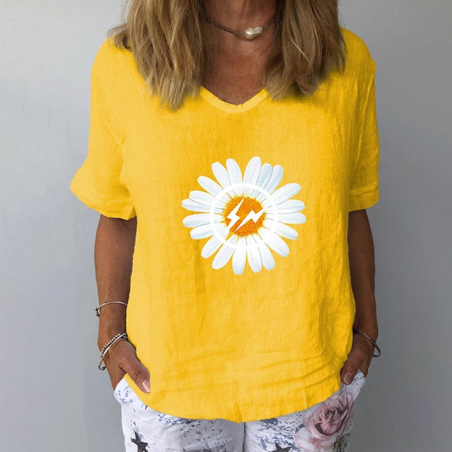 Summer Casual Floral Print Linen Cotton Blouse Women Elegant V Neck Short Sleeve Shirt Plus Size Tops and Blouses Streetwear 3XL