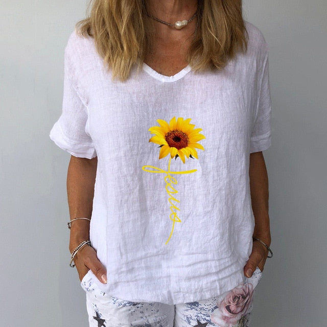 Summer Casual Floral Print Linen Cotton Blouse Women Elegant V Neck Short Sleeve Shirt Plus Size Tops and Blouses Streetwear 3XL