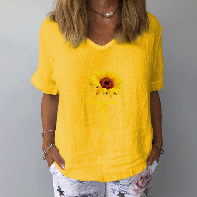 Summer Casual Floral Print Linen Cotton Blouse Women Elegant V Neck Short Sleeve Shirt Plus Size Tops and Blouses Streetwear 3XL