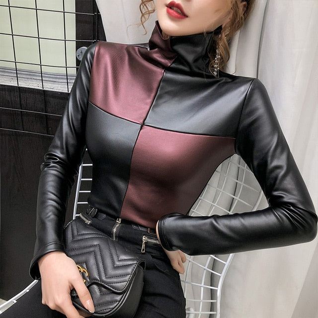 Womens fashion plus size turtleneck blouse patchwork plaid slim pullover shirt women warm velvet elastic leather PU ladies tops
