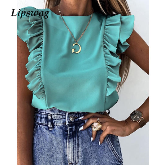 Women Elegant Solid color Ruffle blouse shirt 2020 Summer O Neck Pleated Blusa Lady 3XL New Casual Button sleeveless tops blusa