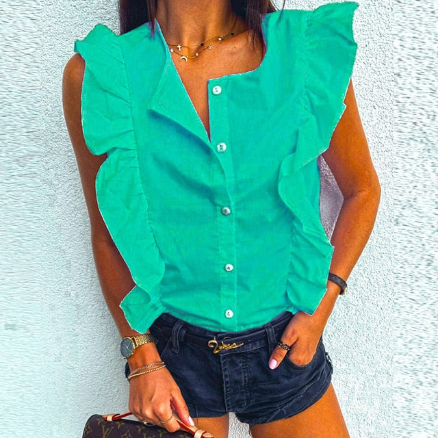 Women Elegant Solid color Ruffle blouse shirt 2020 Summer O Neck Pleated Blusa Lady 3XL New Casual Button sleeveless tops blusa