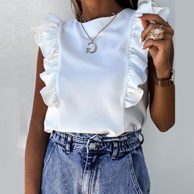 Women Elegant Solid color Ruffle blouse shirt 2020 Summer O Neck Pleated Blusa Lady 3XL New Casual Button sleeveless tops blusa