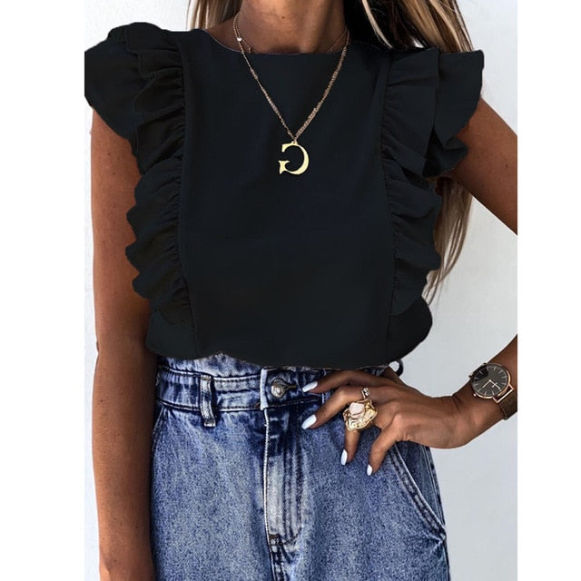 Women Elegant Solid color Ruffle blouse shirt 2020 Summer O Neck Pleated Blusa Lady 3XL New Casual Button sleeveless tops blusa