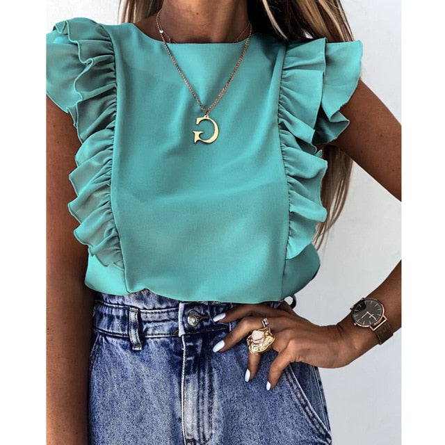 Women Elegant Solid color Ruffle blouse shirt 2020 Summer O Neck Pleated Blusa Lady 3XL New Casual Button sleeveless tops blusa