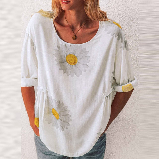 2020 Elegant Women O-Neck Shirt Blouse Summer Casual Three-Quarter Sleeve Shirt Pullover Plus Size Daisy Print Female Blusa Tops