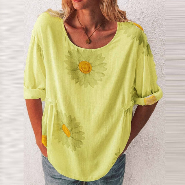 2020 Elegant Women O-Neck Shirt Blouse Summer Casual Three-Quarter Sleeve Shirt Pullover Plus Size Daisy Print Female Blusa Tops