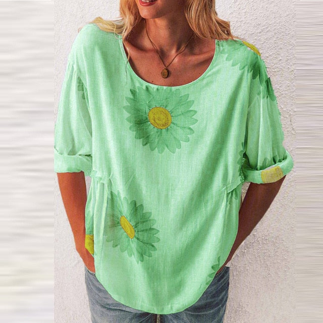 2020 Elegant Women O-Neck Shirt Blouse Summer Casual Three-Quarter Sleeve Shirt Pullover Plus Size Daisy Print Female Blusa Tops