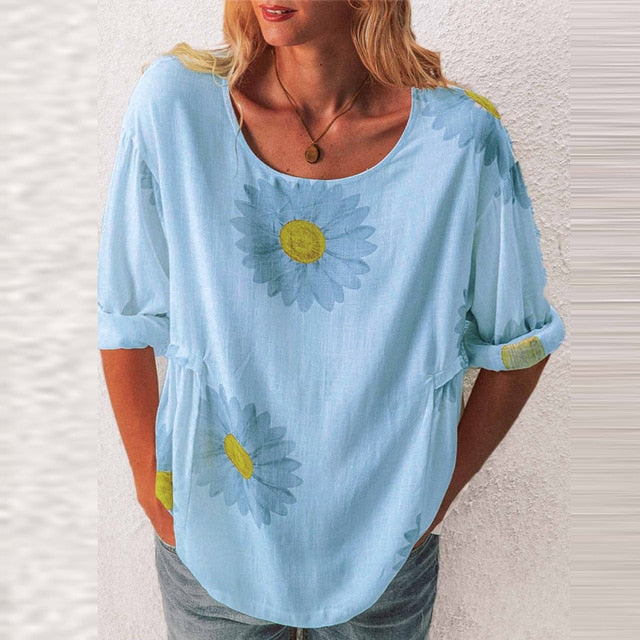 2020 Elegant Women O-Neck Shirt Blouse Summer Casual Three-Quarter Sleeve Shirt Pullover Plus Size Daisy Print Female Blusa Tops