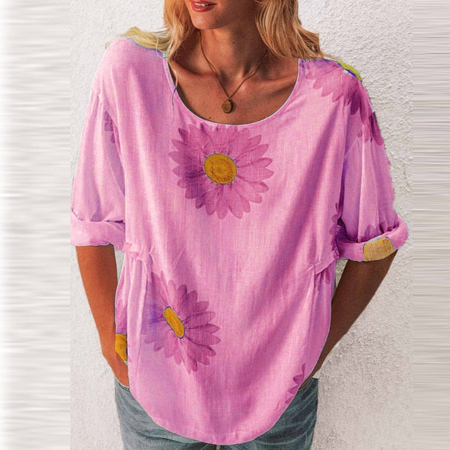 2020 Elegant Women O-Neck Shirt Blouse Summer Casual Three-Quarter Sleeve Shirt Pullover Plus Size Daisy Print Female Blusa Tops