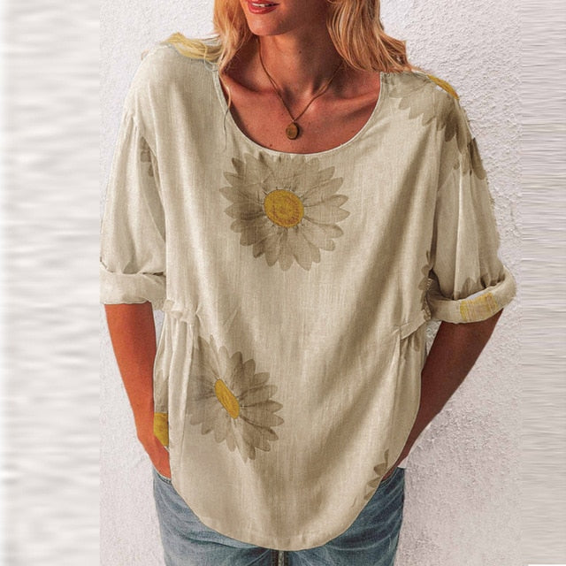 2020 Elegant Women O-Neck Shirt Blouse Summer Casual Three-Quarter Sleeve Shirt Pullover Plus Size Daisy Print Female Blusa Tops