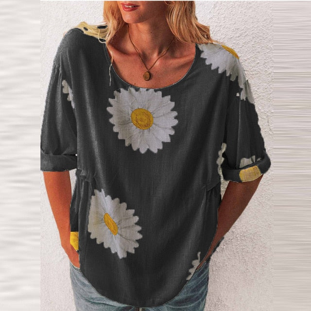 2020 Elegant Women O-Neck Shirt Blouse Summer Casual Three-Quarter Sleeve Shirt Pullover Plus Size Daisy Print Female Blusa Tops