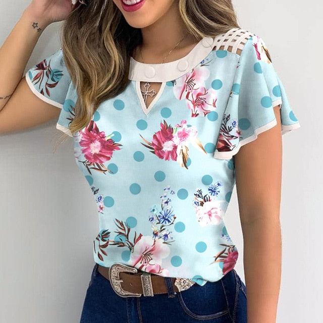 Elegant Butterfly Short Sleeves blouse shirts Women 2020 Summer O Neck Solid  Ruffle Tops Casual Hollow Out Loose Pullover Blusa