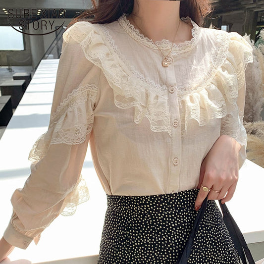 Womens Tops and Blouses 2020 Cotton Linen Blouse Button Solid Stand Collar Ladies Lace Tops Women Shirts Blusas Feminine 8049 50