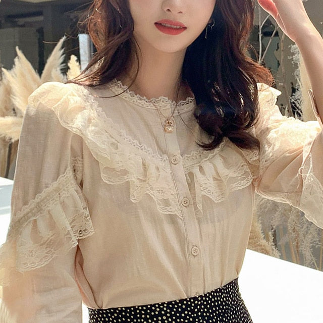 Womens Tops and Blouses 2020 Cotton Linen Blouse Button Solid Stand Collar Ladies Lace Tops Women Shirts Blusas Feminine 8049 50
