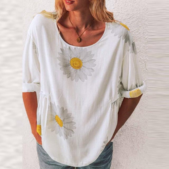 5XL Casual Women Three-Quarter Sleeve Blouse Elegant O Neck Shirt Pullovers 2020 Summer Daisy Flower Print Tops Blusa Streetwear