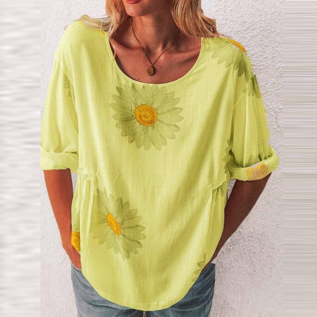 5XL Casual Women Three-Quarter Sleeve Blouse Elegant O Neck Shirt Pullovers 2020 Summer Daisy Flower Print Tops Blusa Streetwear