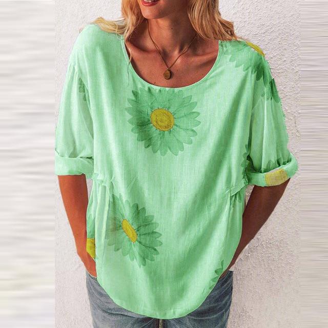 5XL Casual Women Three-Quarter Sleeve Blouse Elegant O Neck Shirt Pullovers 2020 Summer Daisy Flower Print Tops Blusa Streetwear