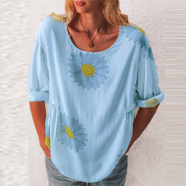 5XL Casual Women Three-Quarter Sleeve Blouse Elegant O Neck Shirt Pullovers 2020 Summer Daisy Flower Print Tops Blusa Streetwear