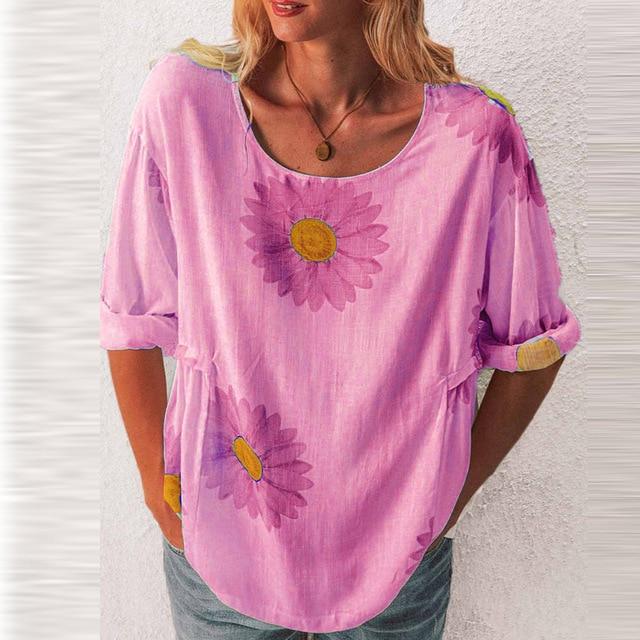 5XL Casual Women Three-Quarter Sleeve Blouse Elegant O Neck Shirt Pullovers 2020 Summer Daisy Flower Print Tops Blusa Streetwear