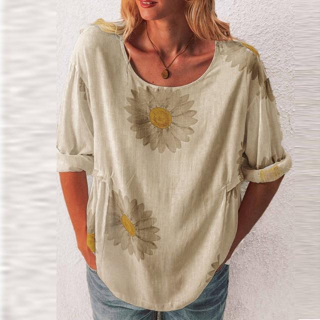 5XL Casual Women Three-Quarter Sleeve Blouse Elegant O Neck Shirt Pullovers 2020 Summer Daisy Flower Print Tops Blusa Streetwear