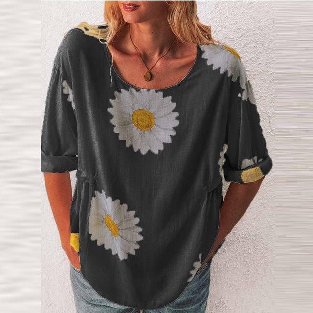 5XL Casual Women Three-Quarter Sleeve Blouse Elegant O Neck Shirt Pullovers 2020 Summer Daisy Flower Print Tops Blusa Streetwear