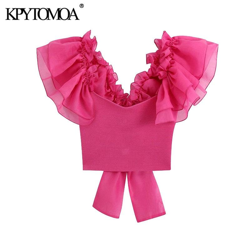 KPYTOMOA Women 2020 Fashion Organza Sleeve Knitted Cropped Blouses Vintage Back Bow Tied Ruffles Trims Female Shirts Chic Tops