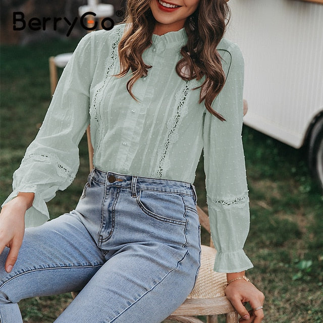 BerryGo Summer floral cotton white blouse Vintage hollow out female office ladies tops Casual lace long sleeve blouse shirts