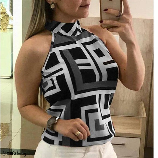 2020 Sexy New Summer Women's Sleeveless  Casual Shirt High Collar Hanging Neck Slim Commuter Shirt Five Colors Sizes S-XXL
