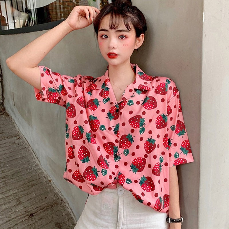 New Women Blouses Holiday Casual Short Sleeve Tops Ladies Strawberry Printed Shirt Korean Summer Fashion Women Clothing