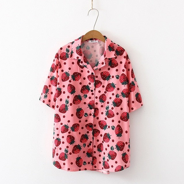New Women Blouses Holiday Casual Short Sleeve Tops Ladies Strawberry Printed Shirt Korean Summer Fashion Women Clothing