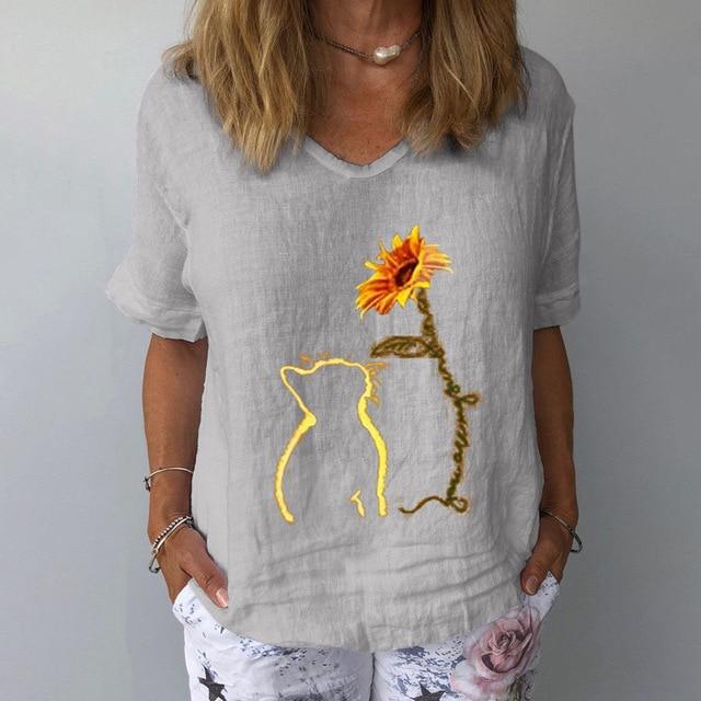 Women Elegant Dandelion Print Cotton Linen Blouse Shirt Summer V-Neck Short Sleeve Tops Casual Plus Size Loose Streetwear Blusa