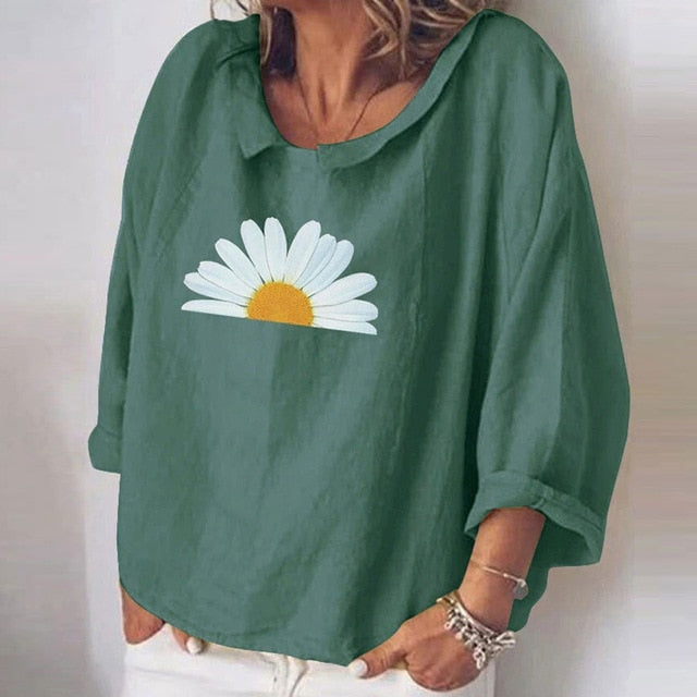 Women Autumn Long Sleeve Cotton Linen Blouse Shirts Elegant Floral Print Female Tops Ladies Casual Plus Size Streetwear Blouses