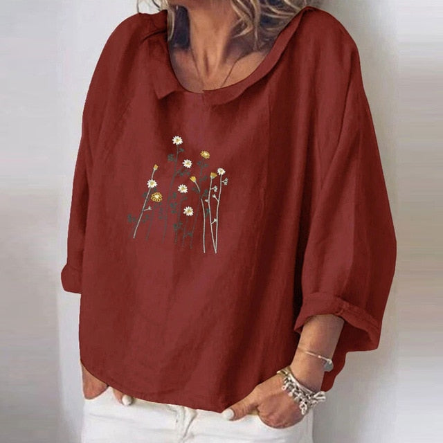 Women Autumn Long Sleeve Cotton Linen Blouse Shirts Elegant Floral Print Female Tops Ladies Casual Plus Size Streetwear Blouses