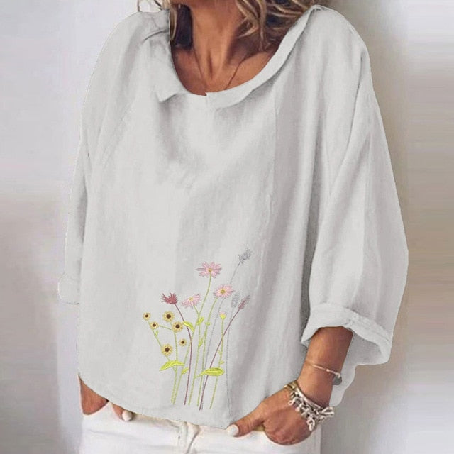 Women Autumn Long Sleeve Cotton Linen Blouse Shirts Elegant Floral Print Female Tops Ladies Casual Plus Size Streetwear Blouses