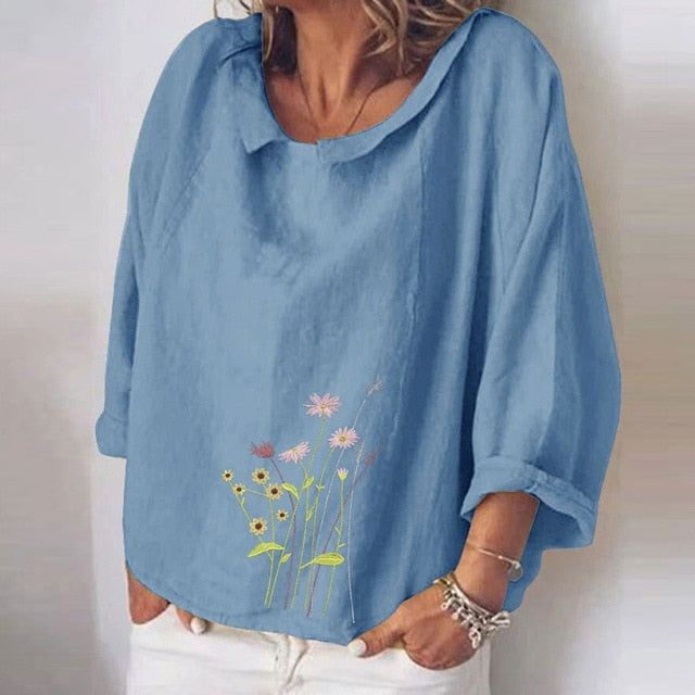 Women Autumn Long Sleeve Cotton Linen Blouse Shirts Elegant Floral Print Female Tops Ladies Casual Plus Size Streetwear Blouses